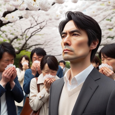 DALL·E 2023-10-15 23.55.40 - Photo_ A Japanese man in his 40s with short black hair stands in a park filled with cherry blossoms. Others around him are taking deep breaths, enjoyi.jpg