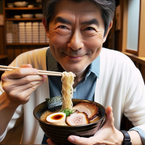 DALL·E 2023-10-20 23.26.37 - photo of a Japanese man in his 40s enjoying a bowl of niboshi soy sauce ramen, with slices of chashu, a flavorful ajitama, and glistening beads of bac.jpg